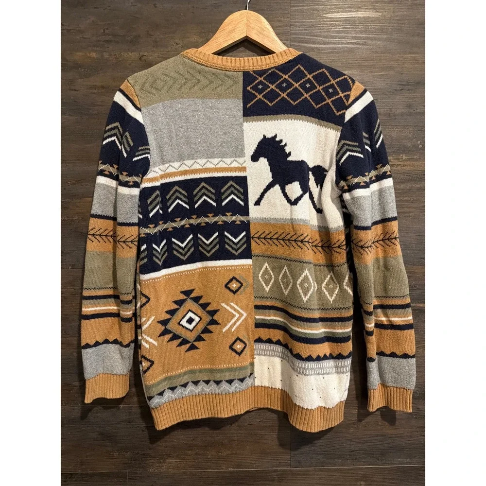 Gymboree Boys Little Rocky Mountain Patchwork Horse Knit Sweater Brown Size 12